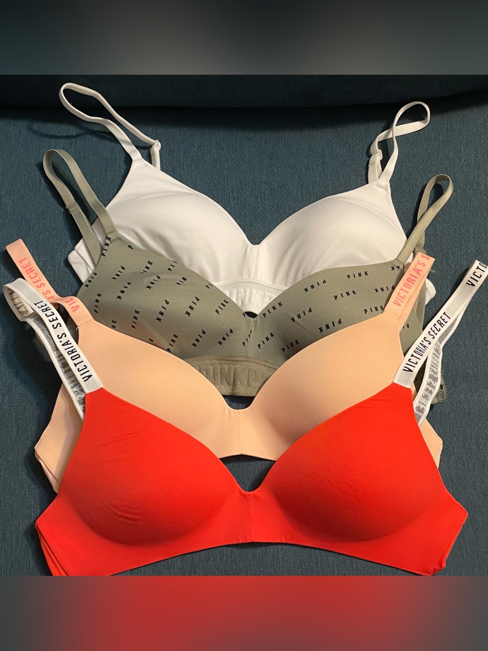 Victoria's Secret Seamless T-Shirt Bra Set - Red, Peach, Olive, White